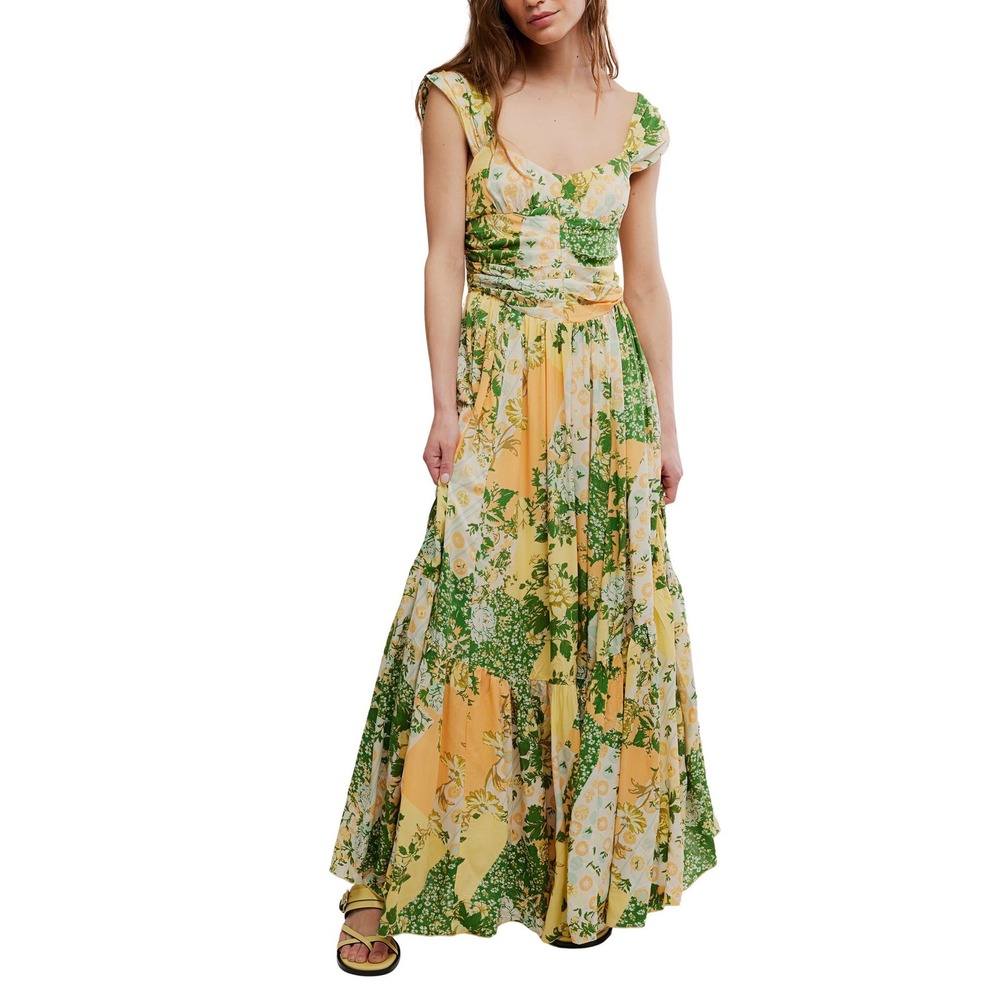 Free People Sasha Floral Mesh Midi Dress Combo Floral Patchwork Yellow Green M